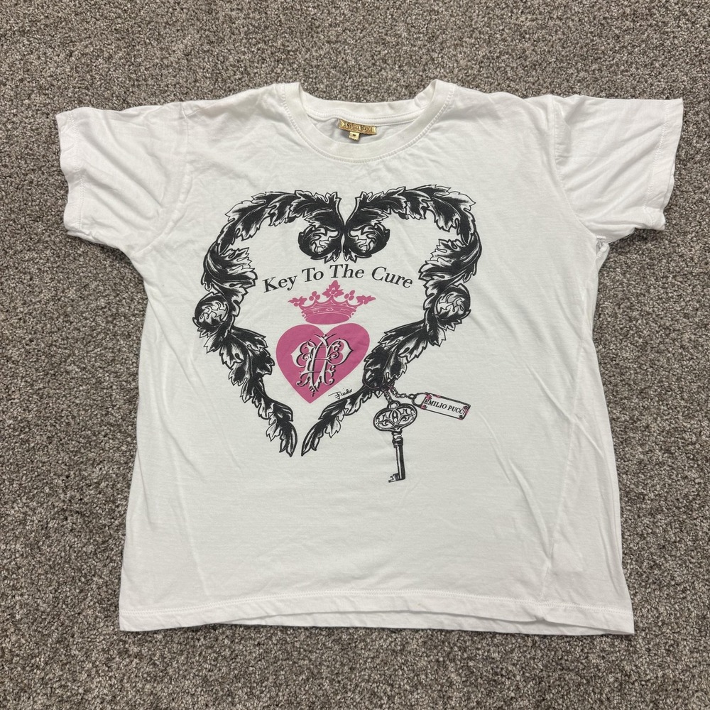 Emilio Pucci Shirt Womens M White Key To The Cure Heart Graphic Tee Top Logo